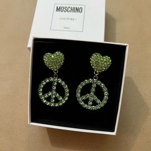 $455 Moschino Couture Peace Sign Green Rhinestone Clip Earrings - NEW NEVER WORN
